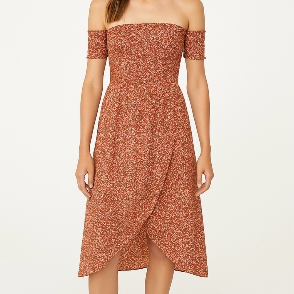 Midi / Maxi Wrap Dress Smocking Bandeau Top Tube Sleeves White/Rust Floral L